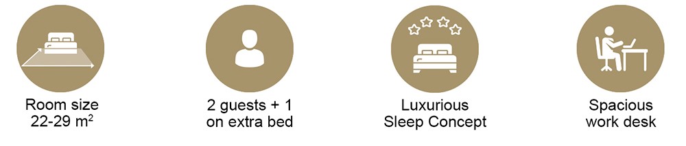 Icons showing room size (22&ndash;29 m&sup2;), 2 guests + 1 on extra bed, luxurious sleep, and spacious work desk.