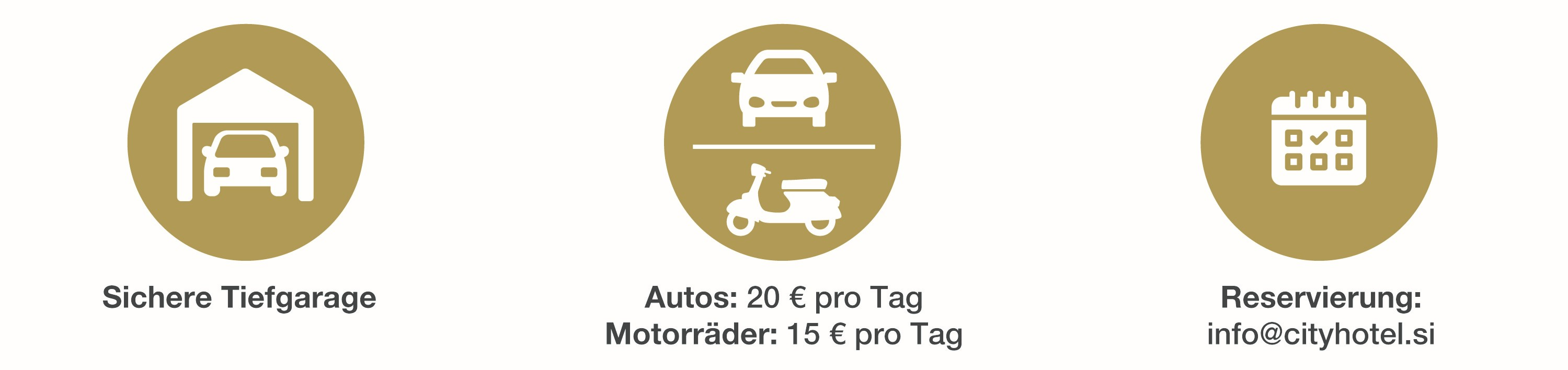 Symbole f&uuml;r sichere Garage, Tagespreise f&uuml;r Autos und Motorr&auml;der sowie Reservierungskontakt.