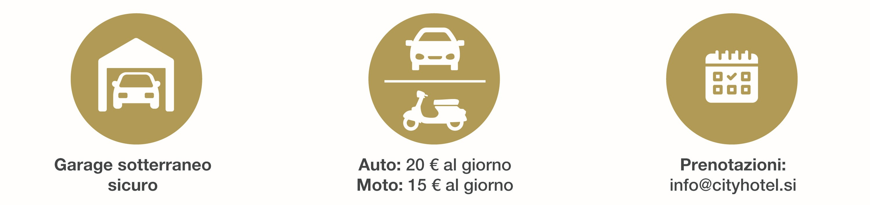 Icone per garage sicuro, tariffe giornaliere auto e moto, e contatto per prenotazioni.