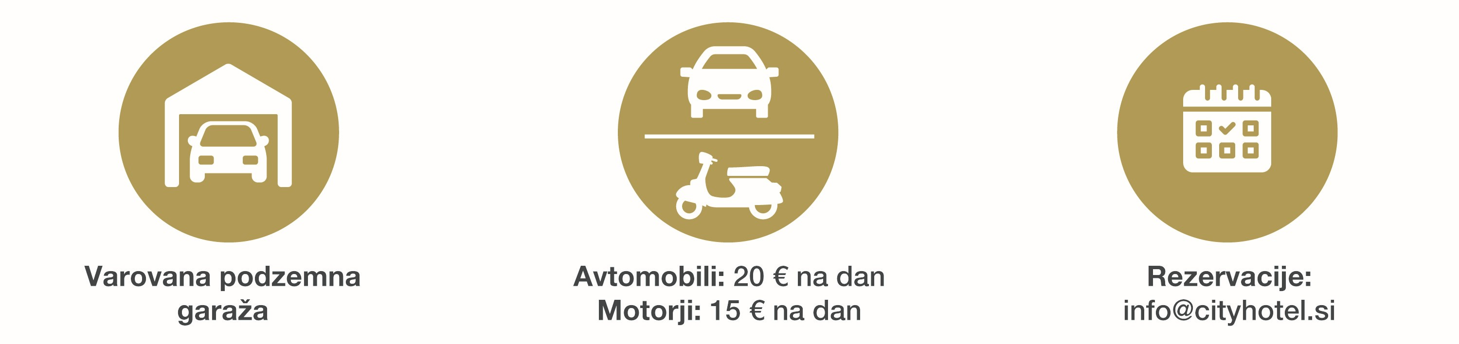Ikone za varno garažo, dnevne cene za avto in motor ter kontakt za rezervacijo.