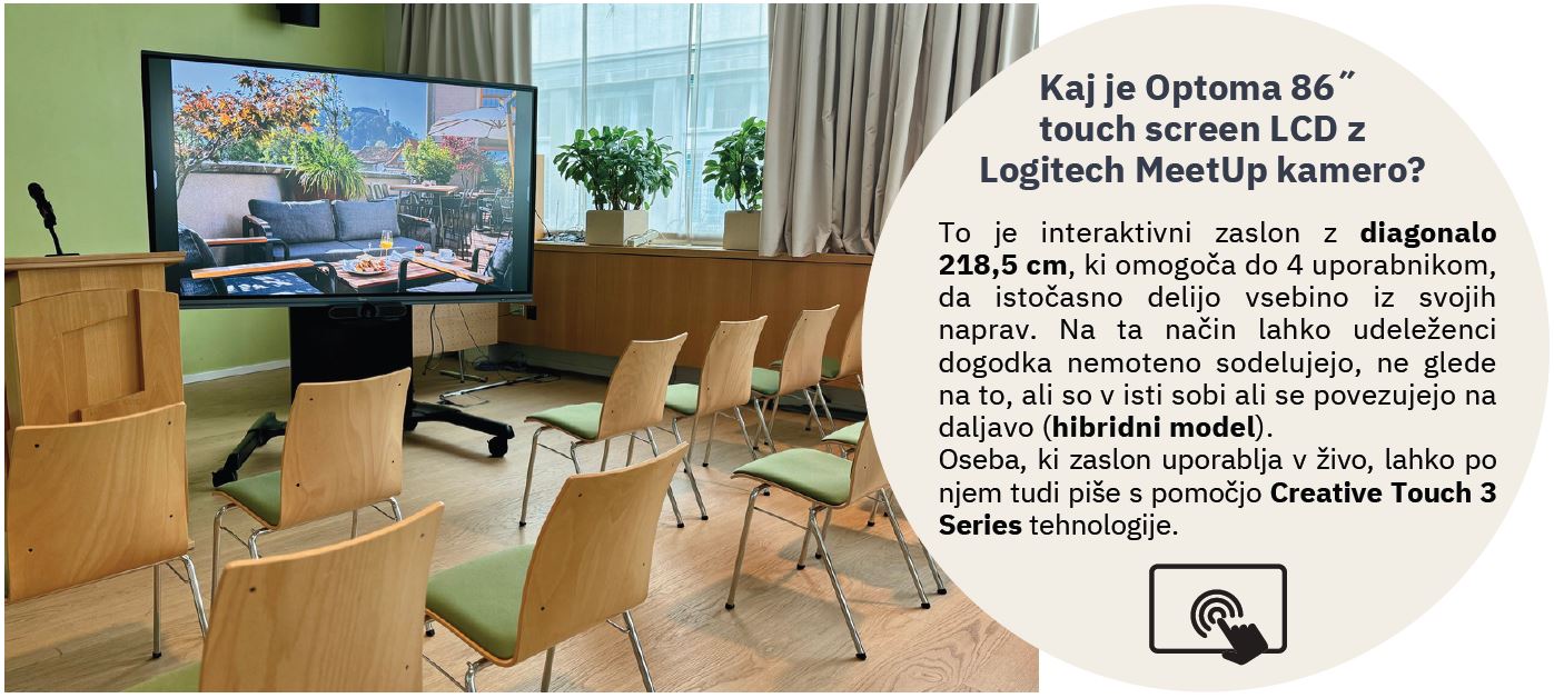 Interaktivni 86-palčni LCD zaslon Optoma za predstavitve in videokonference.