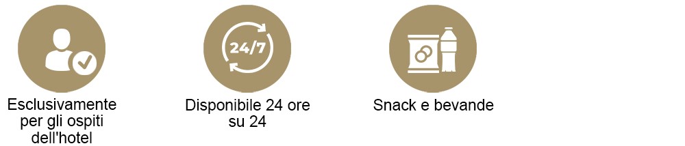 Icone per accesso riservato agli ospiti, disponibile 24/7, snack e bevande