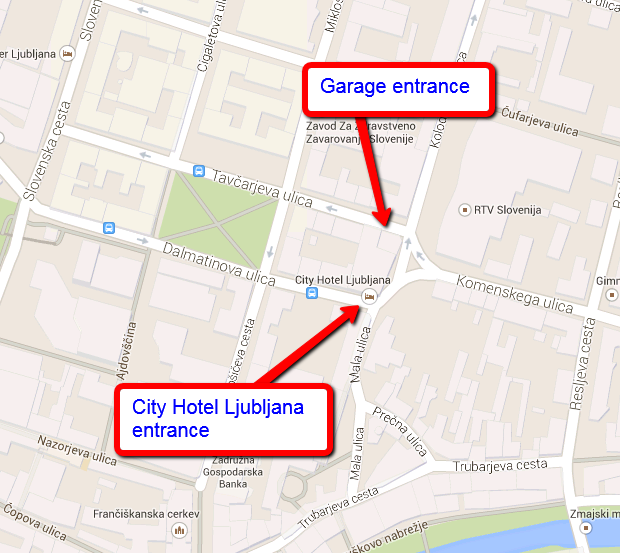 Stadtplan von Ljubljana mit markiertem Eingang zur Garage des City Hotel Ljubljana