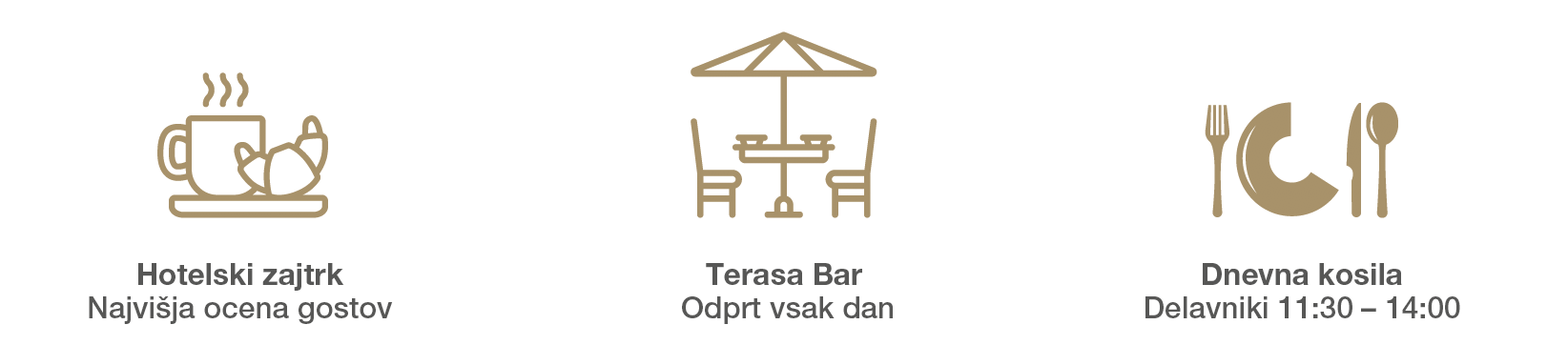 Ikone za najbolje ocenjen hotelski zajtrk, vsak dan odprt terasni bar in kosilo med tednom.